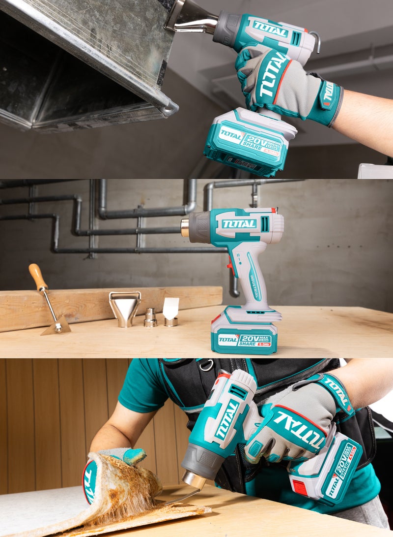 TOTAL Cordless Heat Gun 20V, LCD Display Temperature Control 30-550°C, 2 Speed Airflow 100/200 L/min, with 5.0Ah Battery, Charger, 3 Nozzles, Scraper, Carrying Case - Image 2